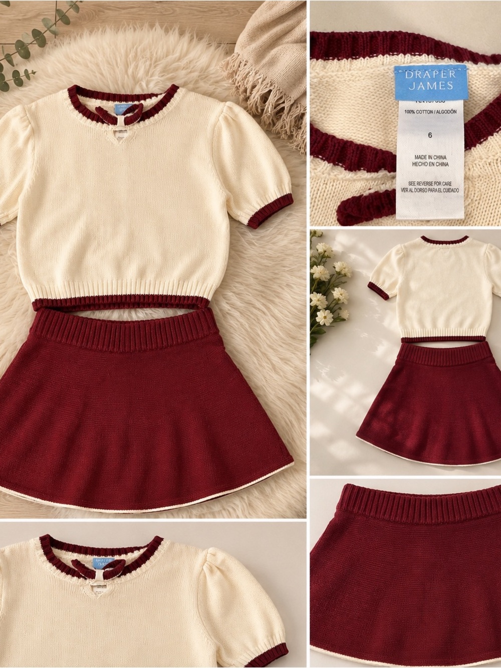 Draper James Cream Top with Burgundy Trim and Burgundy Skirt Girls' Set